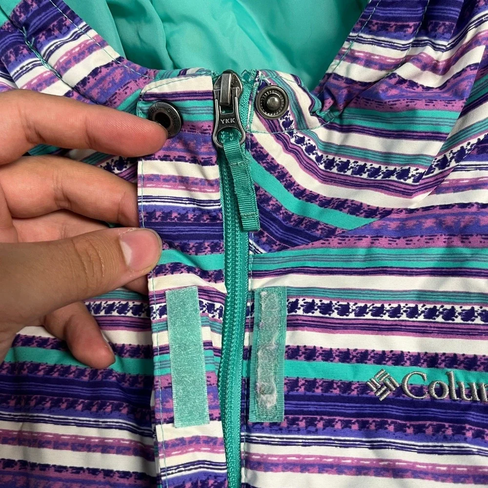 Columbia Girls Purple Teal Striped Insulated Puffer Winter Jacket Hooded L 14/16